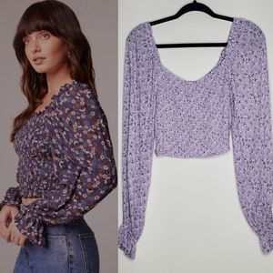 Hollister Lavender Ditsy Floral Smocked Long Balloon Sleeve Cropped Top Size S